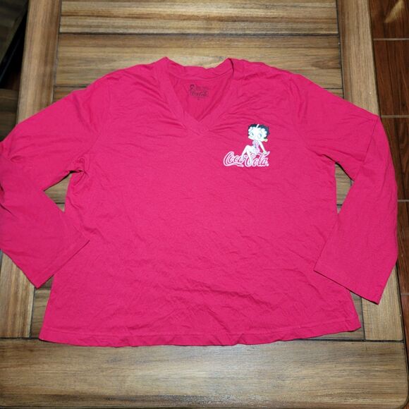 Betty Boop X Coca Cola LS Red V-Neck Sleepwear Tee - Size 2X - Picture 1 of 6